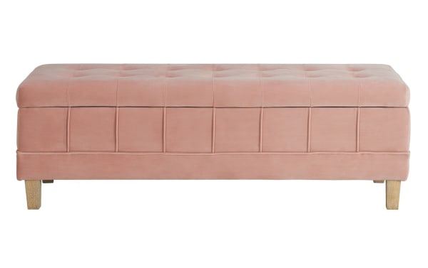 Rutherford Pink 52'' storage bench with tufted velvet fabric upholstery, rubberwood solid legs, foam padding, and contemporary design for seating and storage.