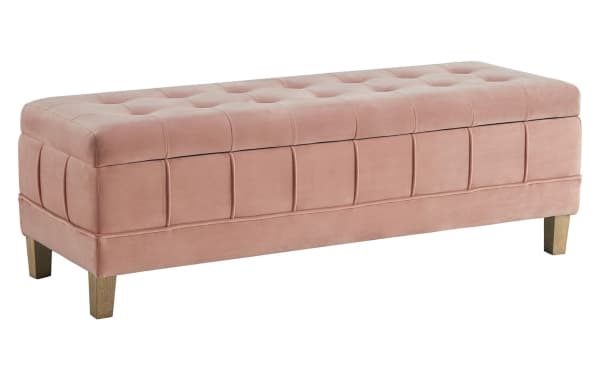 Rutherford Pink 52'' storage bench with tufted velvet fabric upholstery, rubberwood frame, and foam padding in contemporary pink design