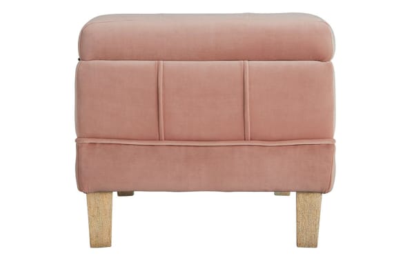 Contemporary Rutherford Pink 52'' Storage Bench with pink velvet fabric upholstery, tufted cushioned lid, and rubberwood solid legs.