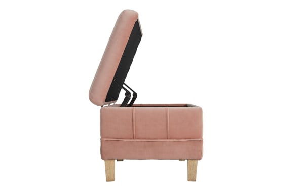 Rutherford Pink 52'' storage bench with velvet fabric upholstery, tufted cushioned lid, and rubberwood solid legs in contemporary pink design.