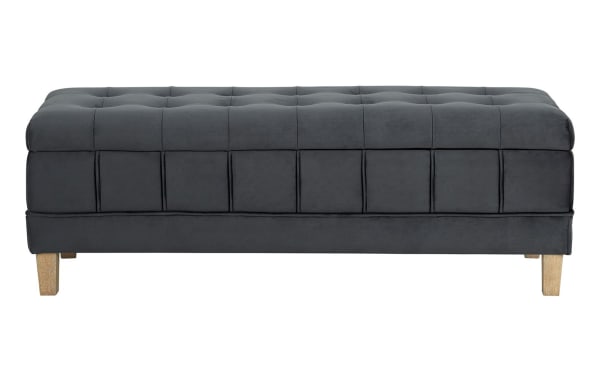 Rutherford Gray 52'' storage bench with tufted velvet fabric upholstery, gray color, rubberwood legs, and plush foam padding in contemporary style.