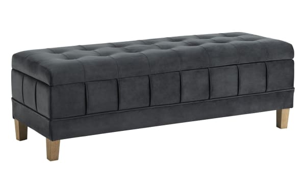 Rutherford Gray 52'' storage bench with tufted velvet fabric upholstery, gray color, rubberwood legs, and plush foam padding in contemporary style.
