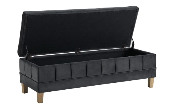 Rutherford Gray 52'' storage bench with tufted velvet fabric upholstery, rubberwood legs, and foam padding in contemporary gray style.