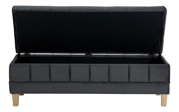 Rutherford Gray 52'' storage bench with tufted velvet fabric upholstery, gray color, rubberwood solid legs, and lift-up padded lid for concealed storage.