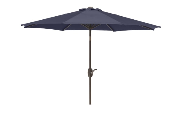 Kiley 9' Navy Outdoor Market Umbrella with polyester fabric canopy, steel pole, crank system, 360° rotation, and tilt in transitional style.