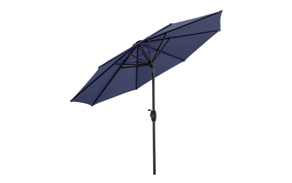 Kiley 9' navy blue outdoor market umbrella with polyester fabric, steel frame, crank open, 360° rotation, and tilt, transitional style.