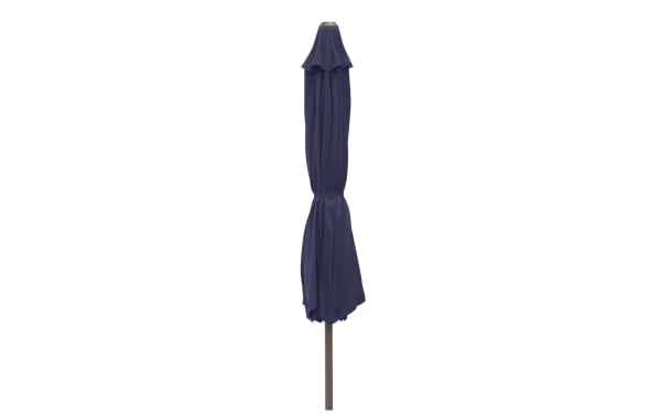 Kiley 9' navy outdoor market umbrella in transitional style with durable polyester fabric, steel pole, and 360-degree rotation for patio shade.