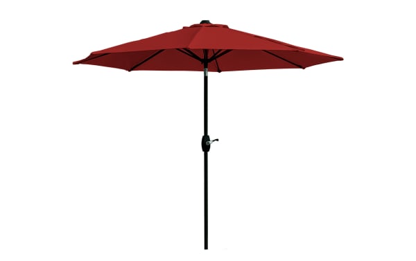 Kiley 9' red outdoor market umbrella with polyester fabric canopy, steel pole, crank open system, 360° rotation, and tilt in transitional style.
