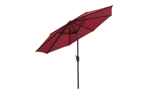Kiley 9' red outdoor market umbrella with polyester fabric canopy, steel frame, crank open, 360-degree rotation, and tilt in transitional style.