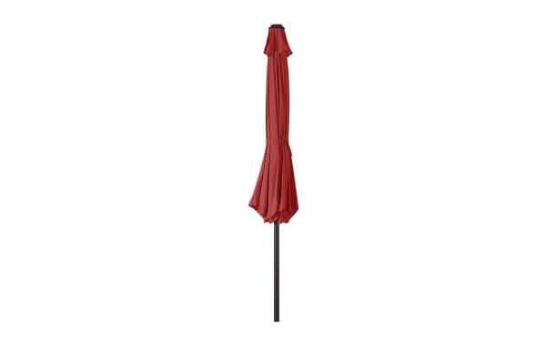 Kiley 9' red outdoor market umbrella in transitional style with durable polyester fabric, steel pole, crank system, 360° rotation, and tilt.