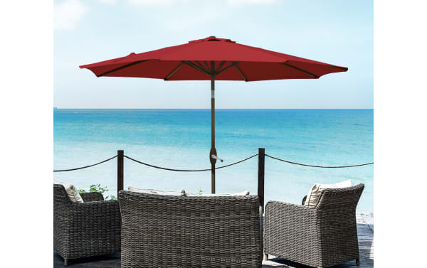 Kiley 9' red outdoor market umbrella with polyester fabric, steel pole, and high-density plastic crank. Features 360° rotation, tilt, and weather-resistant canopy.