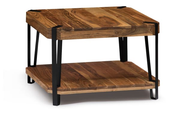 Rustic Archer Natural Live Edge Coffee Table with solid acacia wood tops, black metal frame, and unique knots and cracks for industrial modern style.