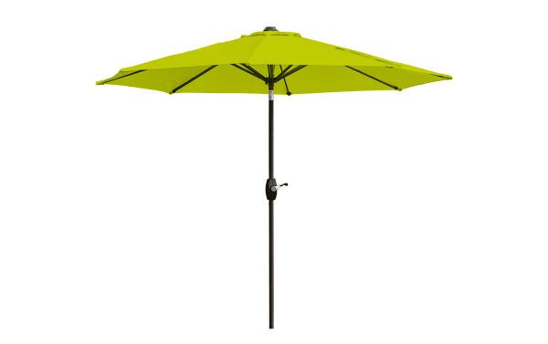 Kiley 9' lime green outdoor market umbrella with polyester fabric canopy, steel pole, crank lift, 360-degree rotation, and tilt in transitional style.
