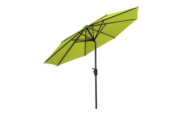 Kiley 9' lime green outdoor market umbrella with polyester fabric canopy, steel frame, crank open, 360° rotation, and tilt for adjustable shade.
