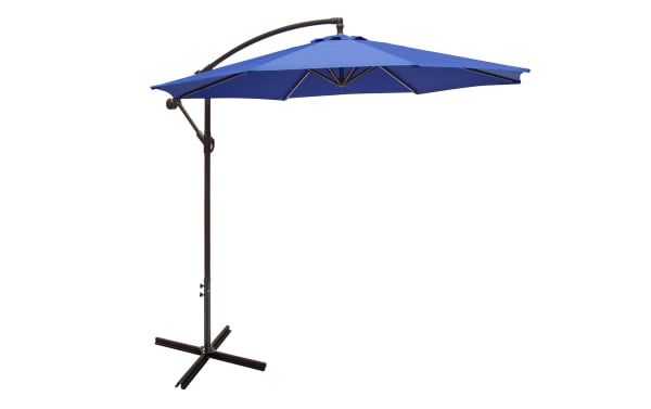 Astin 10' Blue Outdoor Cantilever Umbrella with polyester fabric canopy, steel frame, 360° rotation, tilt, crank system, and air-vented top for wind resistance.