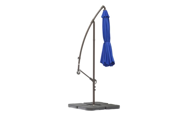 Astin 10' Blue Outdoor Cantilever Umbrella with polyester fabric, steel frame, 360° rotation, tilt, and vented canopy for wind resistance.