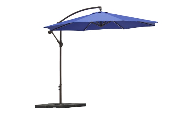 Astin 10' Blue Outdoor Cantilever Umbrella with polyester fabric canopy, steel frame, 360° rotation, tilt, and air-vented top for wind resistance.