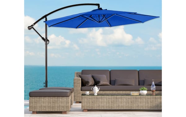 Astin 10' Blue Outdoor Cantilever Umbrella with 360° rotation, tilt, air-vented polyester canopy, and steel frame in transitional style.
