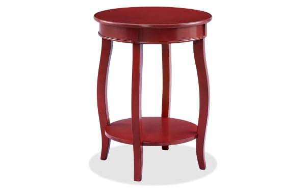 Loudain Red Round Table in transitional style with a red finish, MDF and rubberwood solids, featuring a round top, tapered cabriole legs, and a lower shelf for storage.