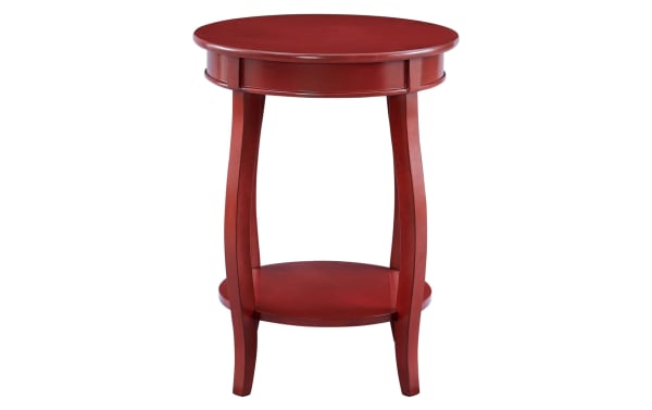 Loudain Red Round Table in transitional style with MDF and rubberwood solids, featuring a red finish, round top, saber cabriole tapered legs, and lower shelf for storage.