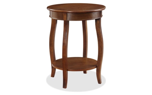 Loudain Brown Round Table with transitional style, MDF and rubberwood solids, round top, saber cabriole tapered legs, and bottom storage shelf.