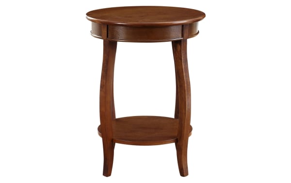 Loudain Brown Round Table with transitional style, MDF and rubberwood solids, round top, tapered cabriole legs, and lower shelf for storage.