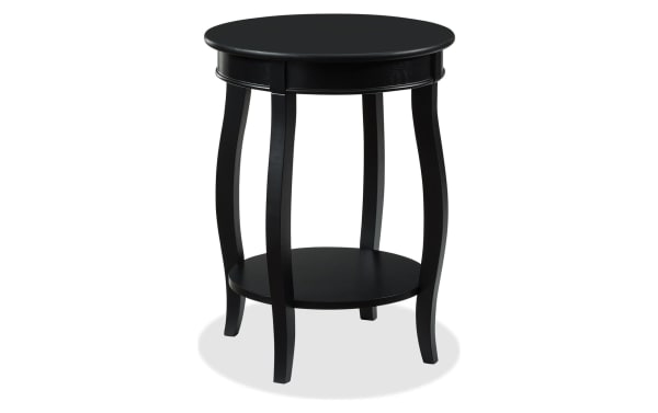 Loudain Black Round Table with transitional style, MDF and rubberwood solids, featuring a round top, tapered saber cabriole legs, and a lower shelf for storage.