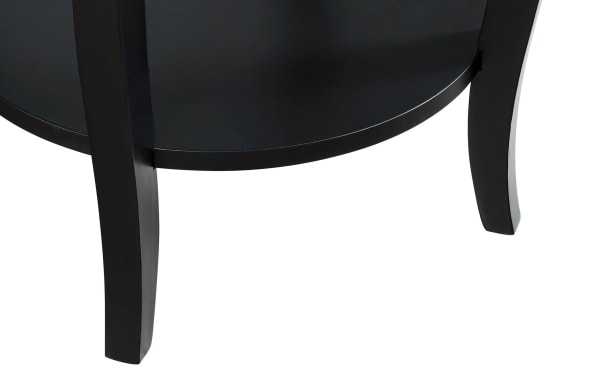 Black Loudain round end table with transitional style, MDF and rubberwood solids, saber cabriole tapered legs, and lower storage shelf.
