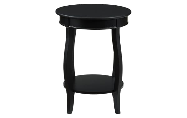 Loudain Black Round Table with transitional style, MDF and rubberwood solids, featuring a black finish, round top, tapered saber cabriole legs, and a lower shelf for storage.