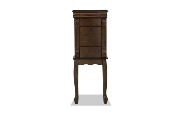 Traditional Flachnan Brown 4 Drawer Lift-Top Jewelry Cabinet with carved details, Queen Anne legs, round drawer pulls, mirror, and necklace hooks.
