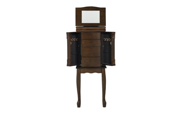 Traditional Flachnan Brown 4 Drawer Lift-Top Jewelry Cabinet with Queen Anne legs, carved details, mirror, hooks, and MDF/rubberwood construction