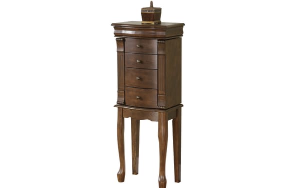 Traditional Flachnan Brown 4 Drawer Lift-Top Jewelry Cabinet in MDF and rubberwood with Queen Anne legs, carved details, round pulls, mirror, and necklace hooks.