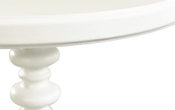 Gall 17'' White Solid Wood Round Table with transitional style, rubberwood solids and MDF construction, featuring a circular spindle base and smooth white finish.