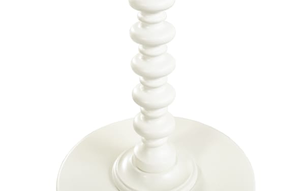 White Gall 17'' round side table with transitional style, featuring a solid rubberwood spindle base and smooth circular top, ideal for living rooms.