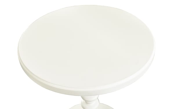 Gall 17'' white solid wood round table with transitional style, rubberwood solids and MDF, featuring a smooth tabletop and circular spindle base.