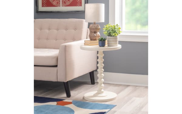 Gall 17'' Ivory solid wood round side table with turned spindle pedestal base, rubberwood and MDF, transitional style, 17-inch diameter tabletop.