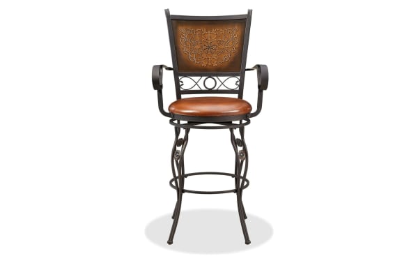 Traditional Friseal Copper brown faux leather vinyl bar stool with steel frame, stamped wood panel back, curved arms, and plush seat for kitchen counters.