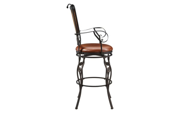 Friseal Copper Faux Leather Panel Back Bar Height Stool in brown vinyl upholstery with steel frame, curved arms, stamped back, and plush seat cushion.