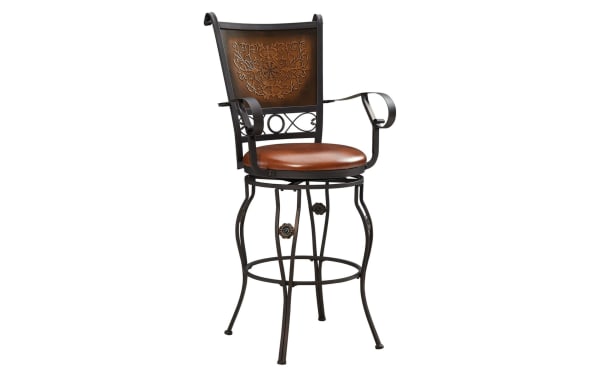 Traditional Friseal Copper Faux Leather Panel Back Bar Height Stool with brown vinyl upholstered seat, steel frame, curved arms, and decorative stamped back panel.
