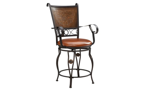 Friseal Copper Faux Leather Panel Back Counter Height Stool with brown vinyl seat, steel frame, stamped copper back panel, and curved arms in traditional style.