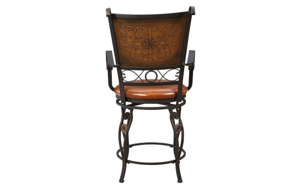 Friseal Copper Faux Leather Panel Back Counter Height Stool in brown with vinyl upholstery, steel frame, stamped copper back, curved arms and legs, traditional style.