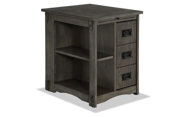 Christy Gray Storage Cabinet Side Table in transitional style with gray particle board, MDF, rubberwood, featuring two open shelves, three drawers with black handles, and a pull-out ledge top.