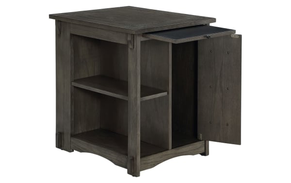 Christy Gray Storage Cabinet Side Table in transitional style with gray particle board, MDF, rubberwood solids, featuring two open shelves, tall cabinet, pull-out ledge, and curved carving.