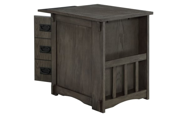 Christy Gray Storage Cabinet Side Table in transitional style, gray wood finish with particle board, MDF, rubberwood solids, featuring open shelves, three drawers with traditional handles, pull-out ledge, and rear magazine slot.