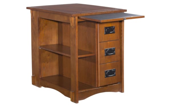 Transitional Christy Brown Storage Cabinet Side Table in warm brown rubberwood with two open shelves, three drawers, and a pull-out top ledge.