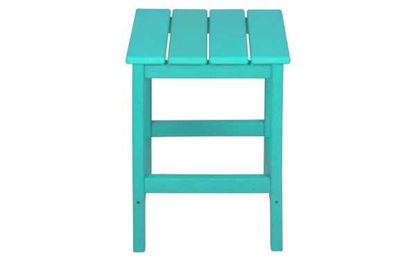 Turquoise Paloma Outdoor Adirondack Side Table in high-density plastic with slatted top and transitional style, ideal for patio use.