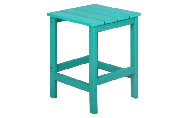 Paloma Turquoise Outdoor Adirondack Side Table in high-density plastic with a transitional style, featuring slatted top and sturdy square legs.