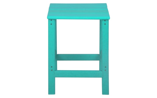 Paloma Turquoise Outdoor Adirondack Side Table in high-density plastic with slatted top and transitional style for patio use.