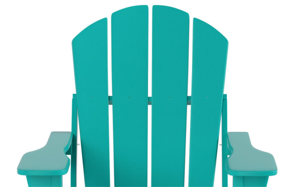 Turquoise Clovie Folding Outdoor Adirondack Chair in high-density plastic with oversized frame, transitional style, and wide armrests for comfort.
