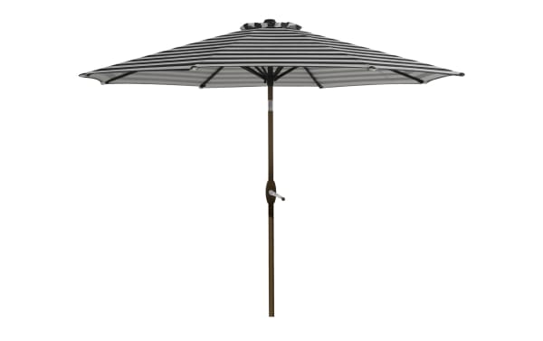 Kiley 9' black striped outdoor market umbrella with transitional style, polyester fabric canopy, steel pole, crank system, 360° rotation, and tilt.
